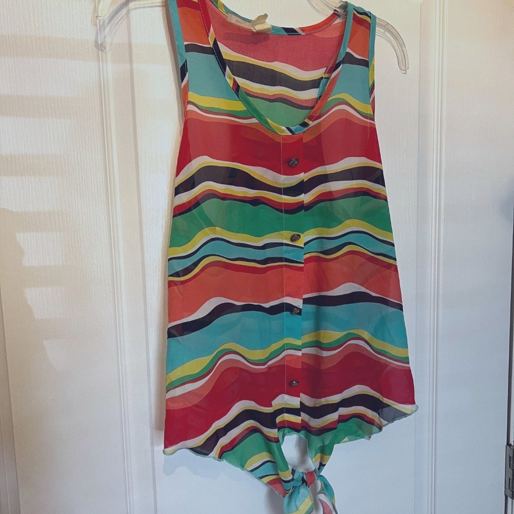 Moe Sleeveless Top-Colorful Stripes-Tye Knot in front-Size Medium-Spring Ready